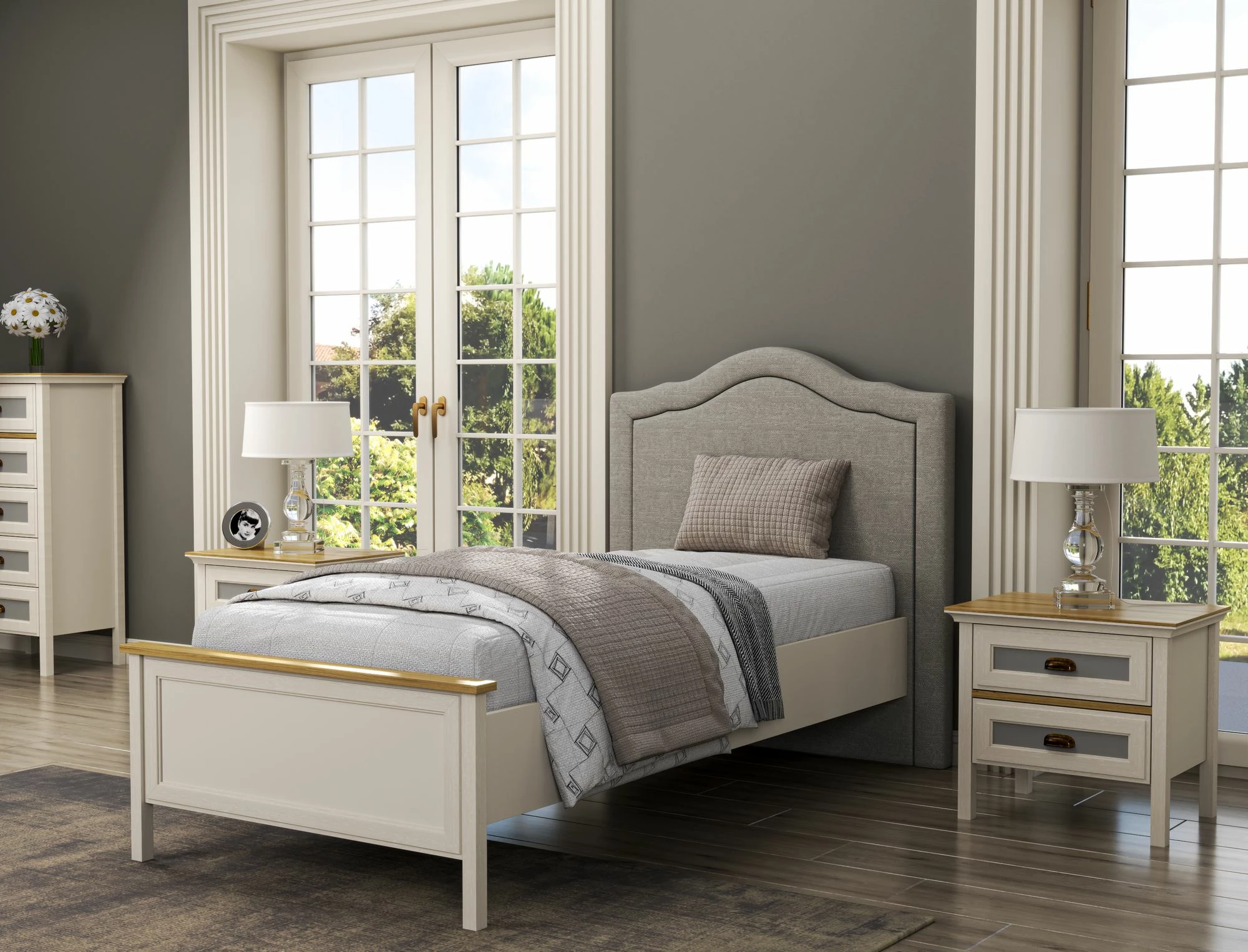 Enojni posteljni okvir Skye Decor, krem, hrast, siv, FRN-21018