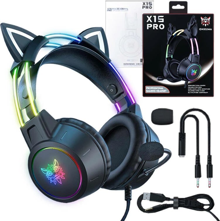 Slušalke z mačjimi ušesi, RGB, z mikrofonom, črne ONIKUMA X15 PRO