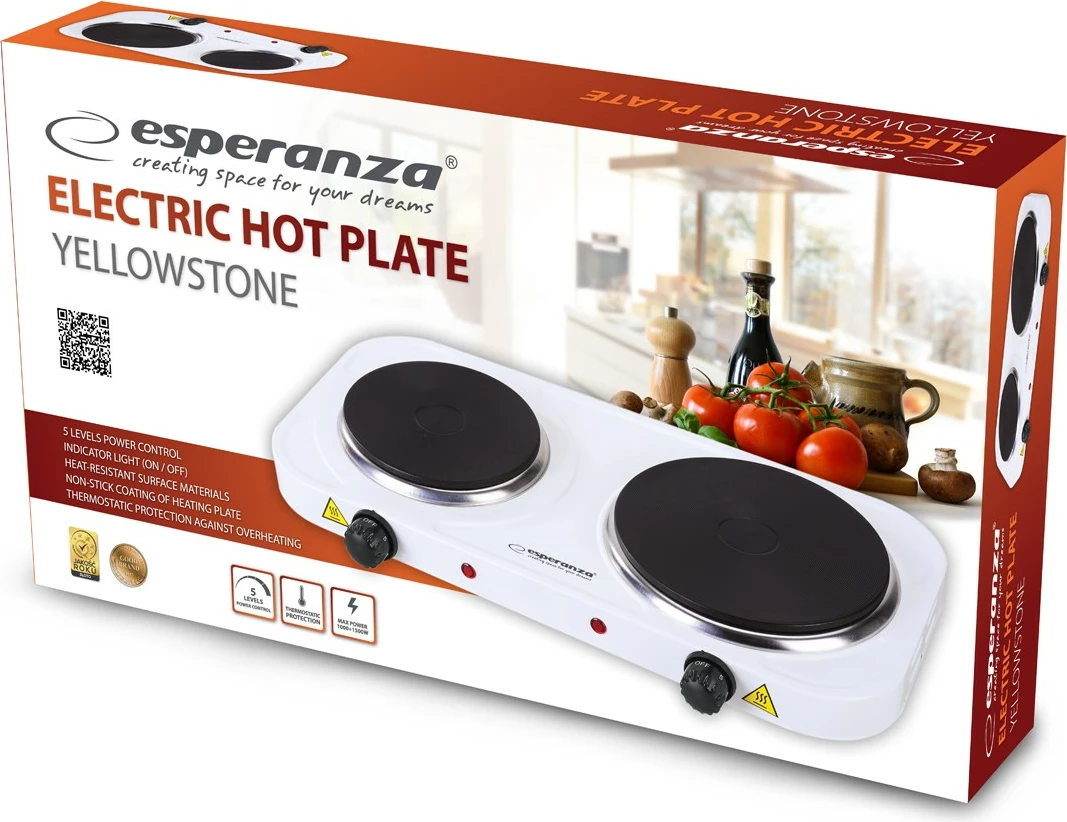 Električni kuhališče z 2 ploščama, Esperanza EKH014W, 2500 W, belo