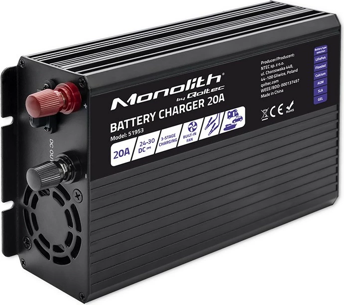 Inteligentni polnilnik baterij Monolith 51953 Qoltec, 20A, 24V, črn