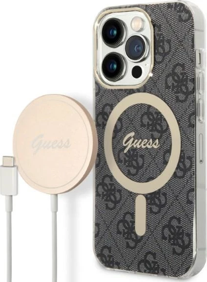 Trd ovitek z brezžičnim polnilcem za iPhone 14 Pro 6,1", Guess GUBPP14LH4EACSK, 4G Print, črn