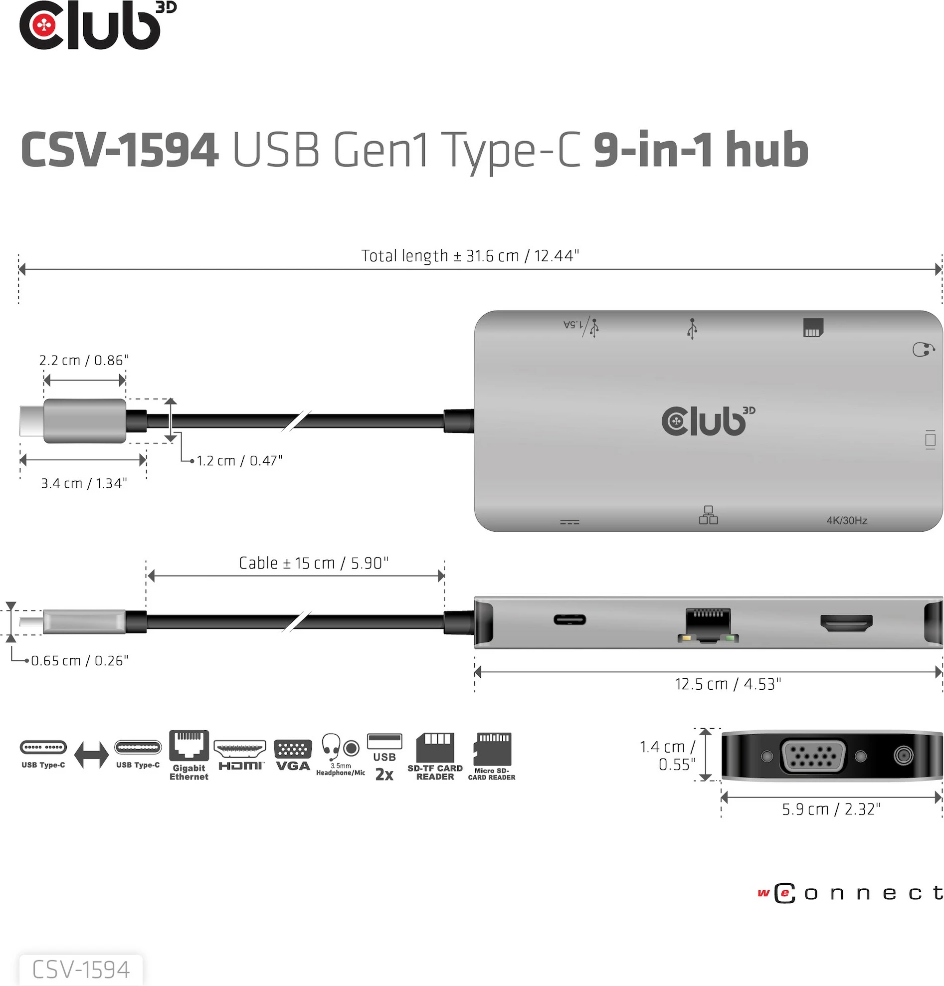 USB-C HUB 9in1 z HDMI, VGA, 2×USB, RJ45, SD — Club3D, 100W, črno/siv