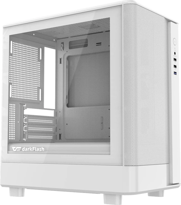 Računalniško ohišje midi tower Darkflash DB330M Mesh, M-ATX/ITX, 4 PCI reže, brez ventilatorjev, 2x 3.5" HDD, 1x 2.5" SSD, stranski panel iz kaljenega stekla, belo