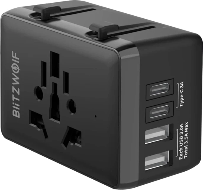 Potovalni adapter, 4-v-1, 2x USB + USB-C + PD 20W, črn BlitzWolf BW-TA1