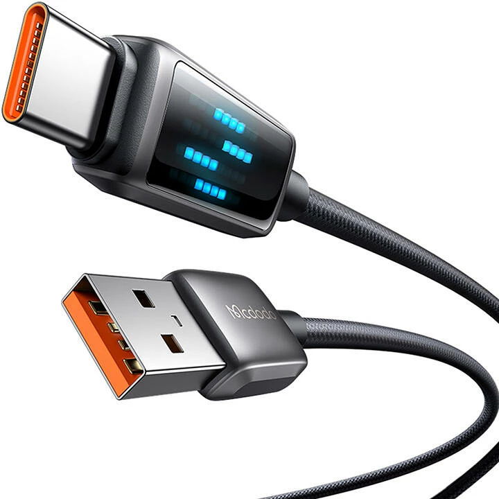 Naglavni kabel za hitro polnjenje Mcdodo CA-2350 USB-A v USB-C, 1,2 m, 6A, z LED zaslonom, črn