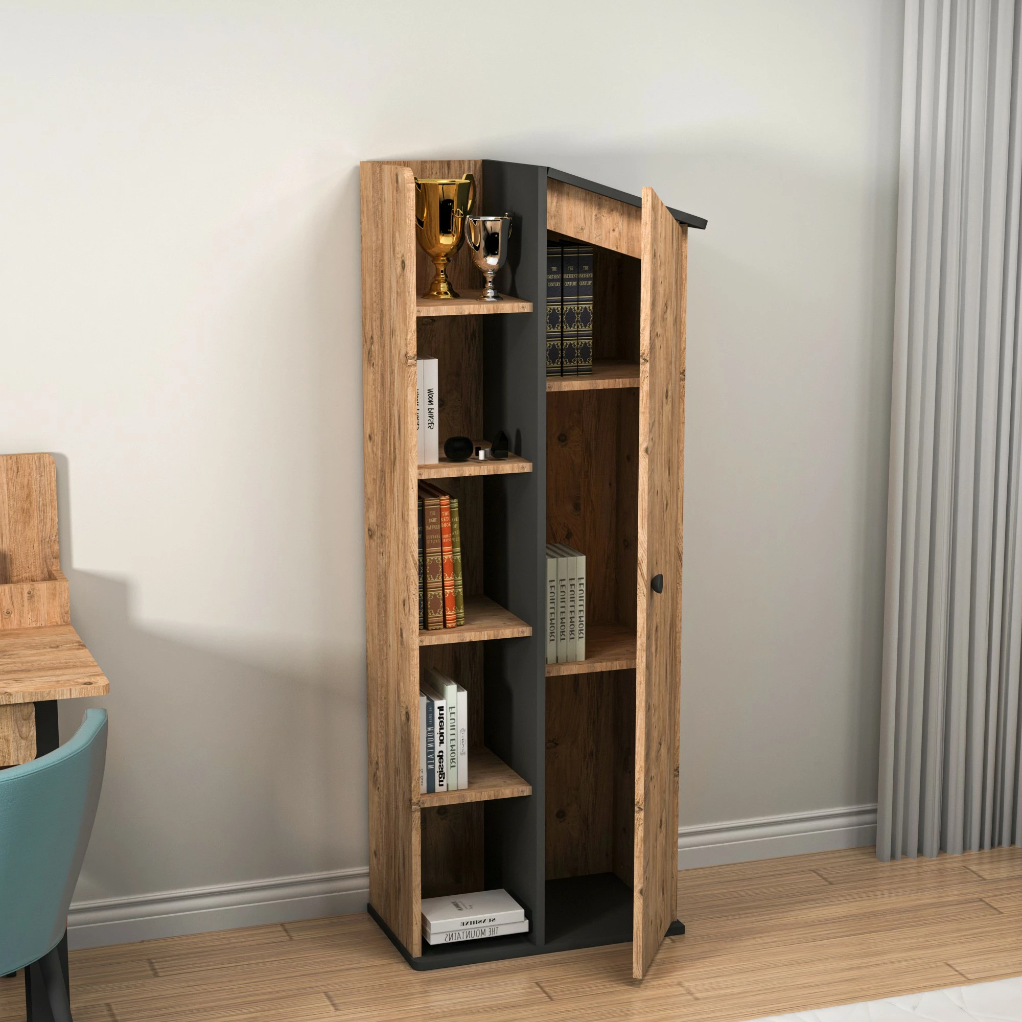 Polica za knjige Valerin, Hanah Home, barva Atlantic Pine in antracit, 60 x 161,8 x 35,3 cm