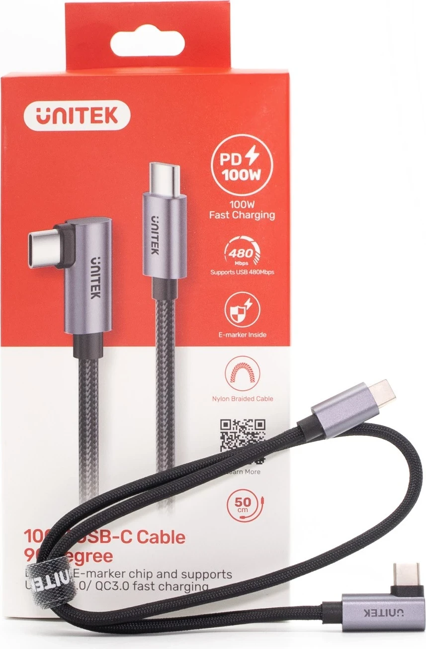 Kabel USB-C z 90° kotom PD 100W 0,5 m, črno-siv - Unitek