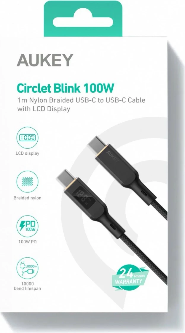 Kabel USB-C na USB-C, AUKEY CB-MCC102, 1,8 m, LED, 100W PD, črn