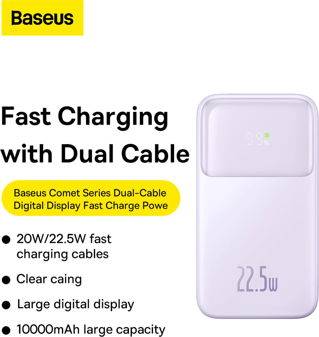 Powerbank z zaslonom, 10.000 mAh, 22,5 W, vijoličen — Baseus Comet Series PPMD020005 + kabel USB-A/USB-C