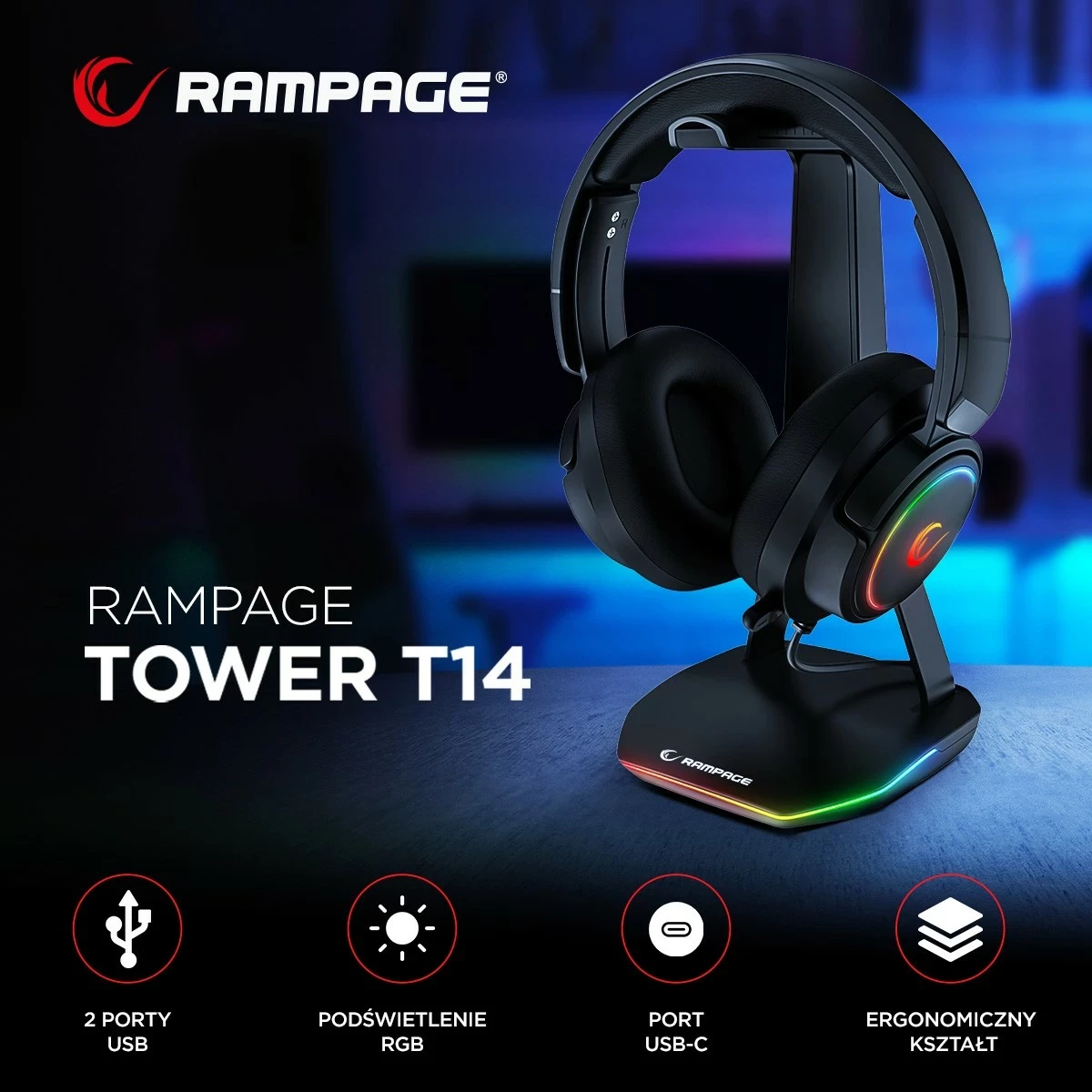Nosilec za slušalke, gaming, RGB, 2x USB Rampage T14, črn