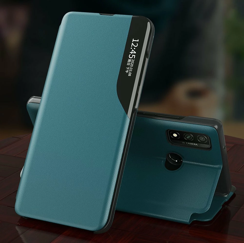 Ovitek za Samsung Galaxy A02s EU, Hurtel Eco Leather View Case, s pokrovom in stojalom, črn