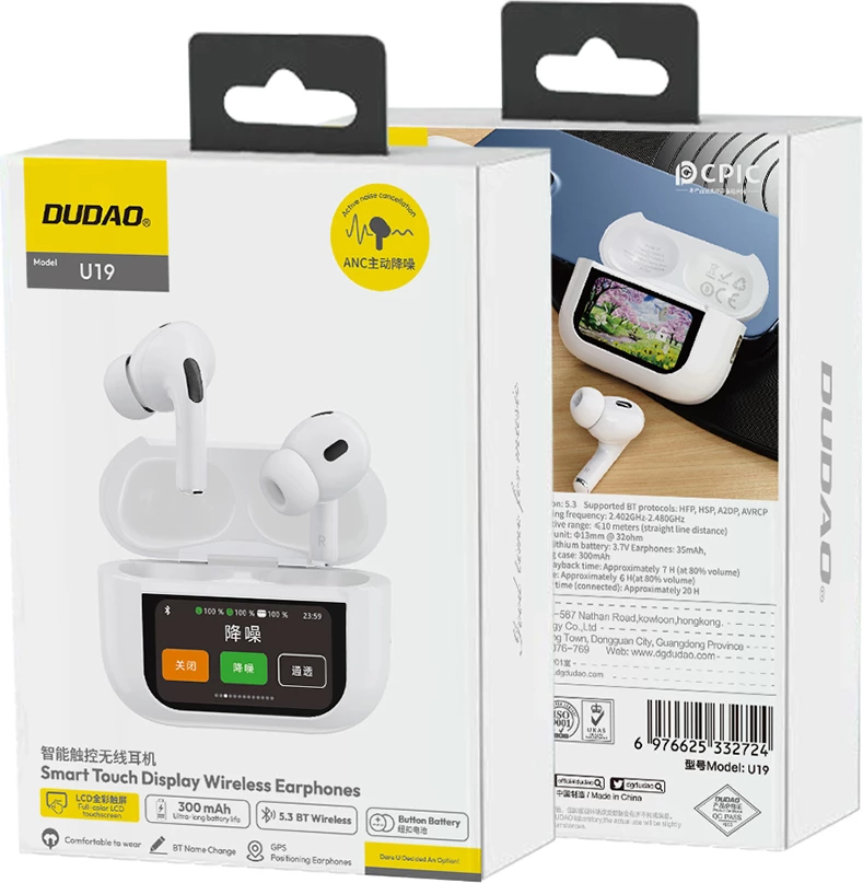 Slušalke z Bluetooth 5.3, ANC in LED zaslonom, bele, Dudao U19 TWS