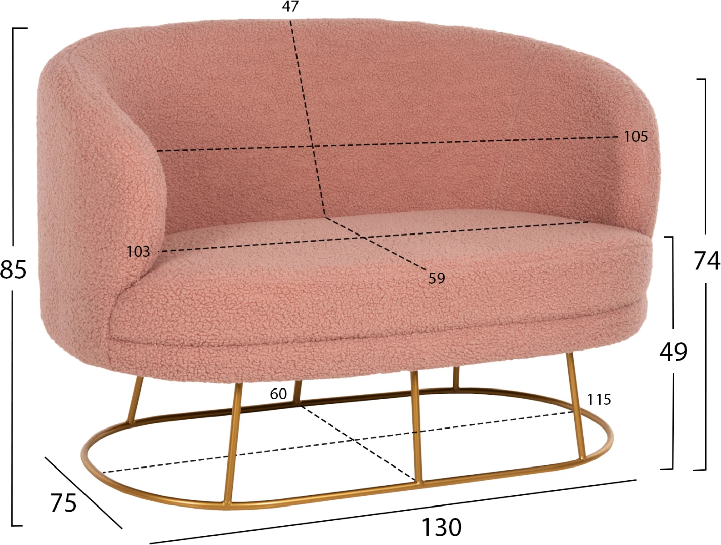Dvosedna sedežna garnitura ARIEN FH8492.22 v barvi prašno roza boucle tkanina in z zlato kovinsko osnovo 130x75x85Hcm
