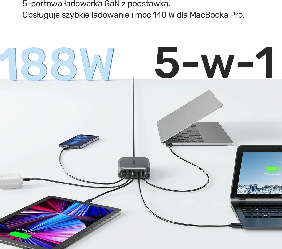 Visokozmogljiv polnilec Unitek GaN 188W, 2x USB-A, 3x USB-C, siv