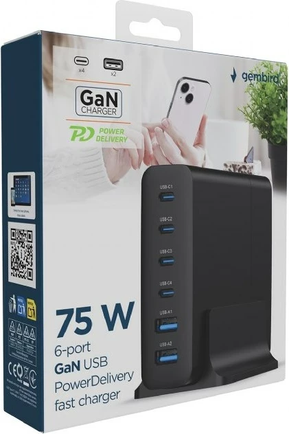 Univerzalni polnilec Gembird TA-UC-2A4C-PD75-01-BK, 75 W, 6 USB vrat, črn