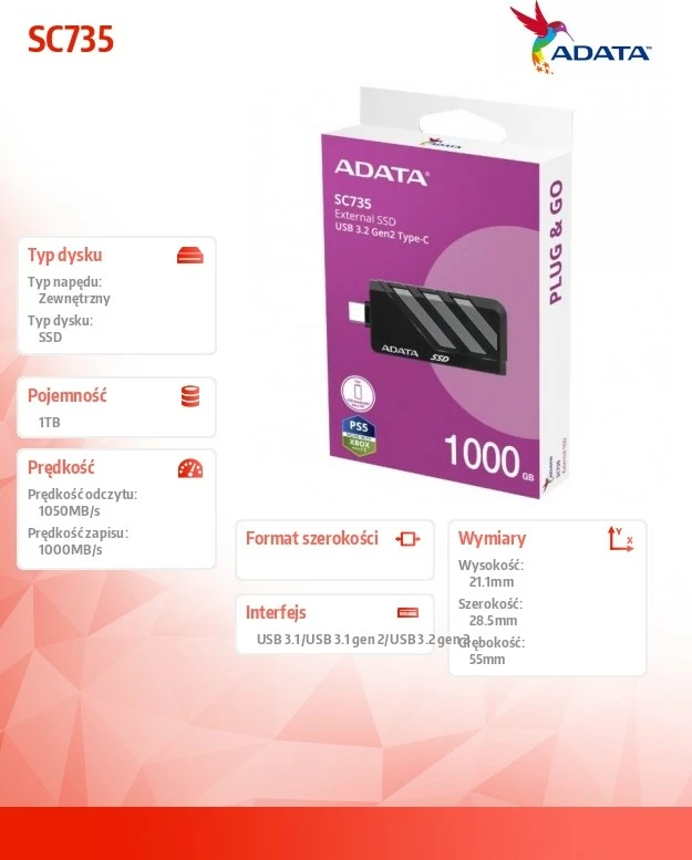 Zunanji SSD Adata SC735, 1TB, USB 3.2 Gen2 Type-C, črno/siv