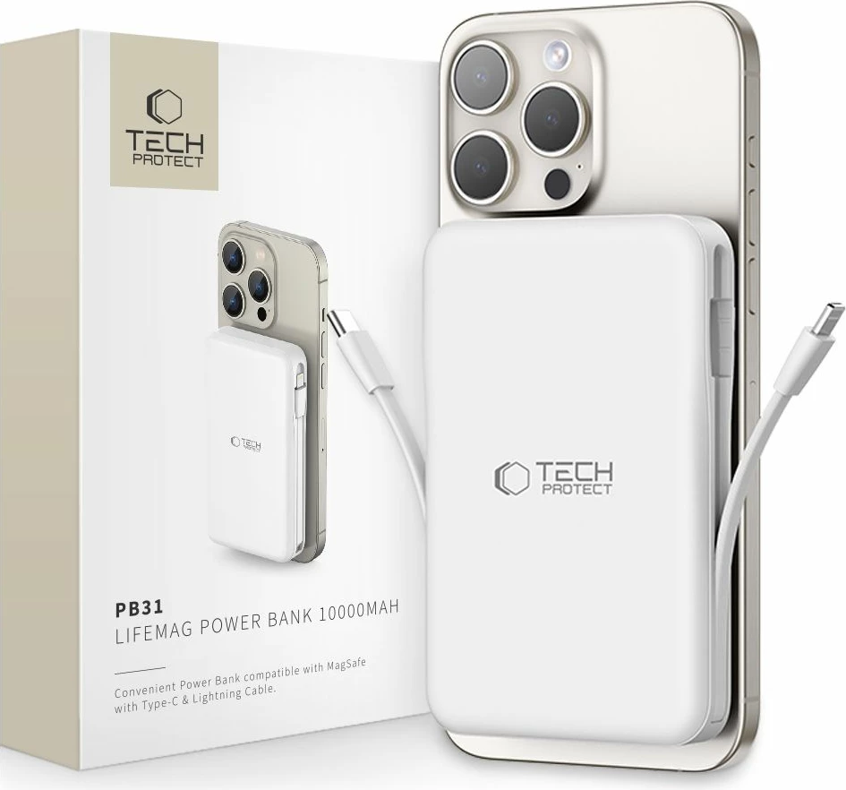 Power bank LifeMag Tech-Protect PB31, 10000 mAh, MagSafe, USB-C/USB-A/Lightning, bel