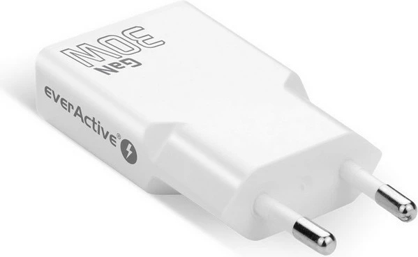 Super tanek GaN stenski polnilec 30W, 1x USB + 1x USB-C, QC 3.0/PD, everActive SC-380Q, bel