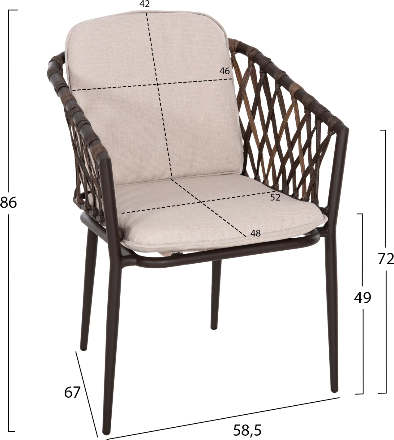 Aluminijasti naslanjač BOLLY FH6080 rjav okvir-sintetični ratan v rjavo-bež blazinah 58,5x67x86Hcm, set 4 kosov