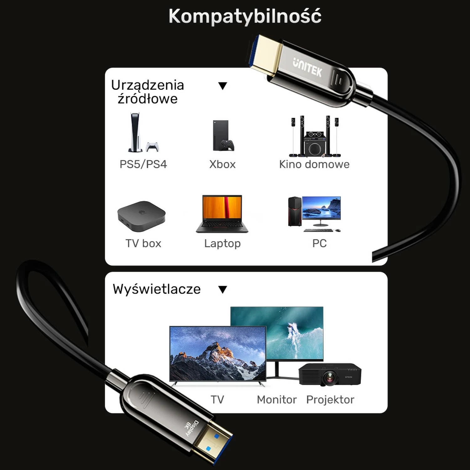Optični HDMI kabel Unitek 2.1 AOC, 8K 120 Hz, 40 m, črno-srebrn