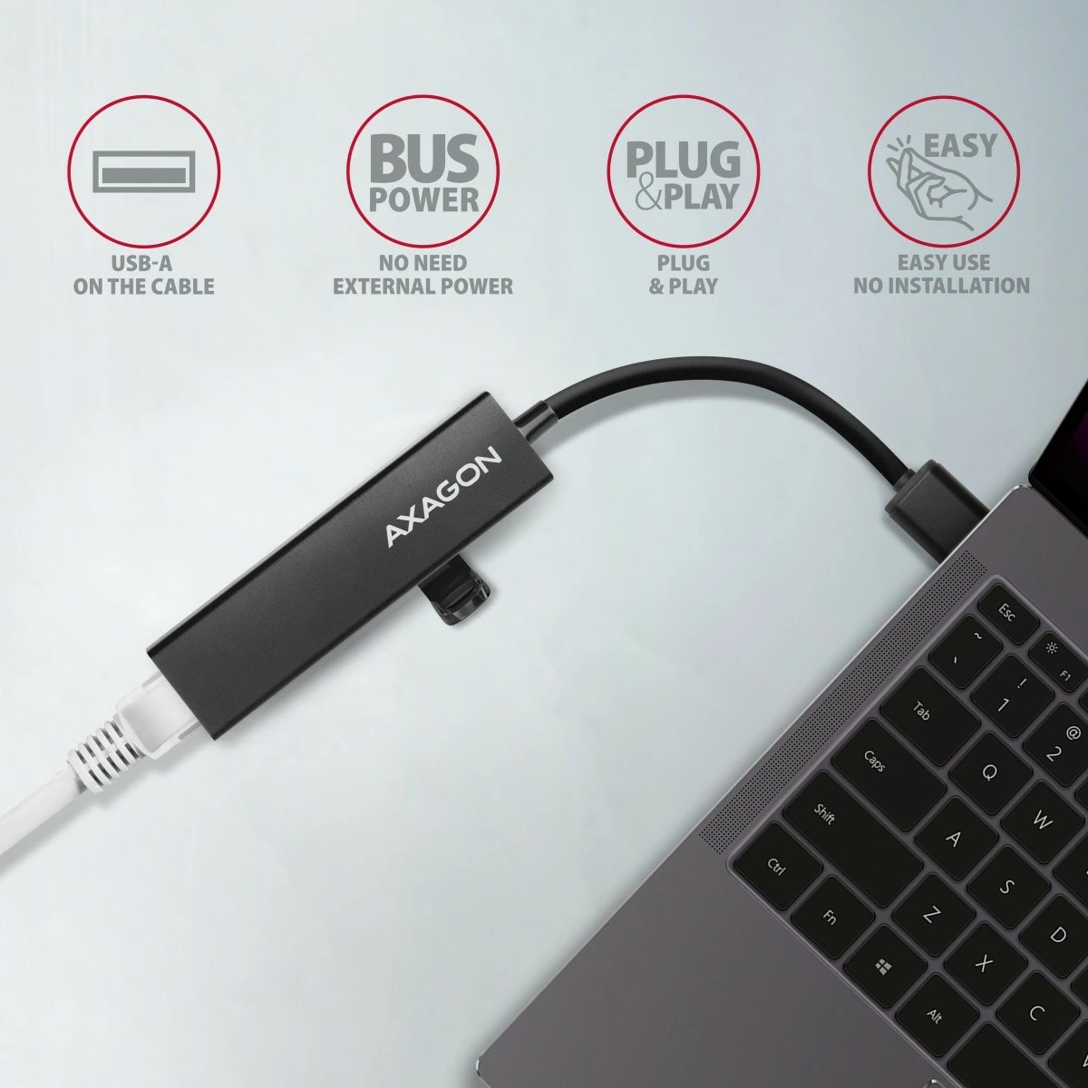 Multiport USB hub, 4 v 1, 5 Gbps, 3x USB-A + Gigabit LAN, aluminij, USB-A kabel 20 cm, črn - AXAGON HMA-GL3A