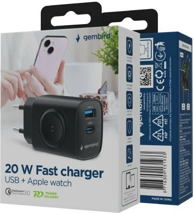 Stenski polnilec 20 W, USB-A in USB-C — Gembird TA-UC-PDQCW20-01-BK, črn