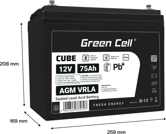 Baterija AGM VRLA 12V 75Ah Green Cell AGM12V75AH-J, IP54, črna