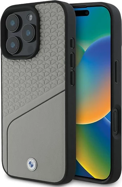 Ovitek za iPhone 16 Pro z usnjeno teksturo in linijami, MagSafe, BMW Sign, siv