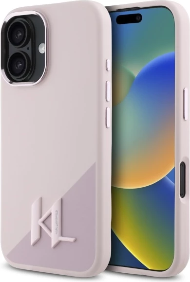 Ovitek iz silikona z metalnimi inicialkami MagSafe za iPhone 16, Karl Lagerfeld, rožnat