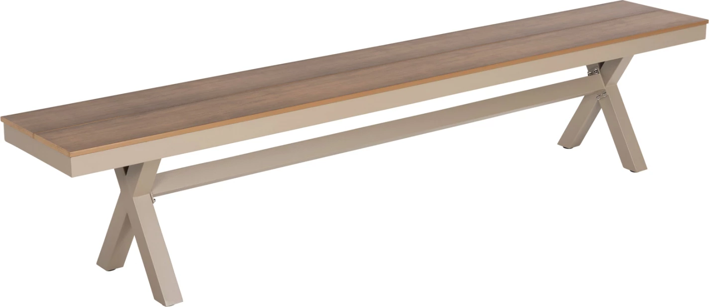 Aluminijasta klop TAWNEE FH6040.04 barva šampanjca - sedež iz polilesa v naravni barvi lesa 220x36x44,5Hcm