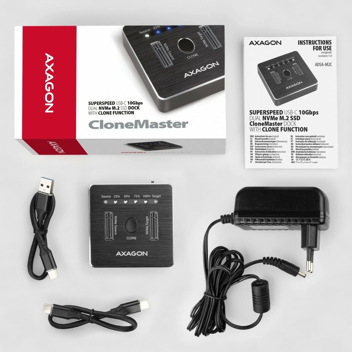 Dokacijska postaja za 2x NVMe M.2 SSD, USB-C 3.2 Gen 2, črna, AXAGON ADSA-M2C