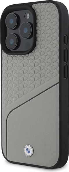 Ovitek za iPhone 16 Pro z usnjeno teksturo in linijami, MagSafe, BMW Sign, siv