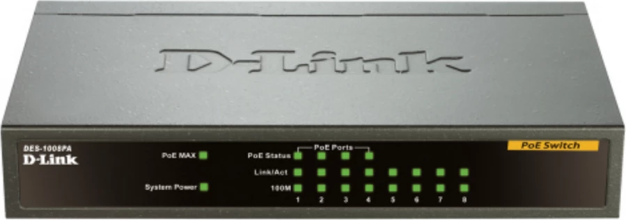 Stikalo 8 vrat Fast Ethernet s PoE, D-Link DES-1008PA, črno