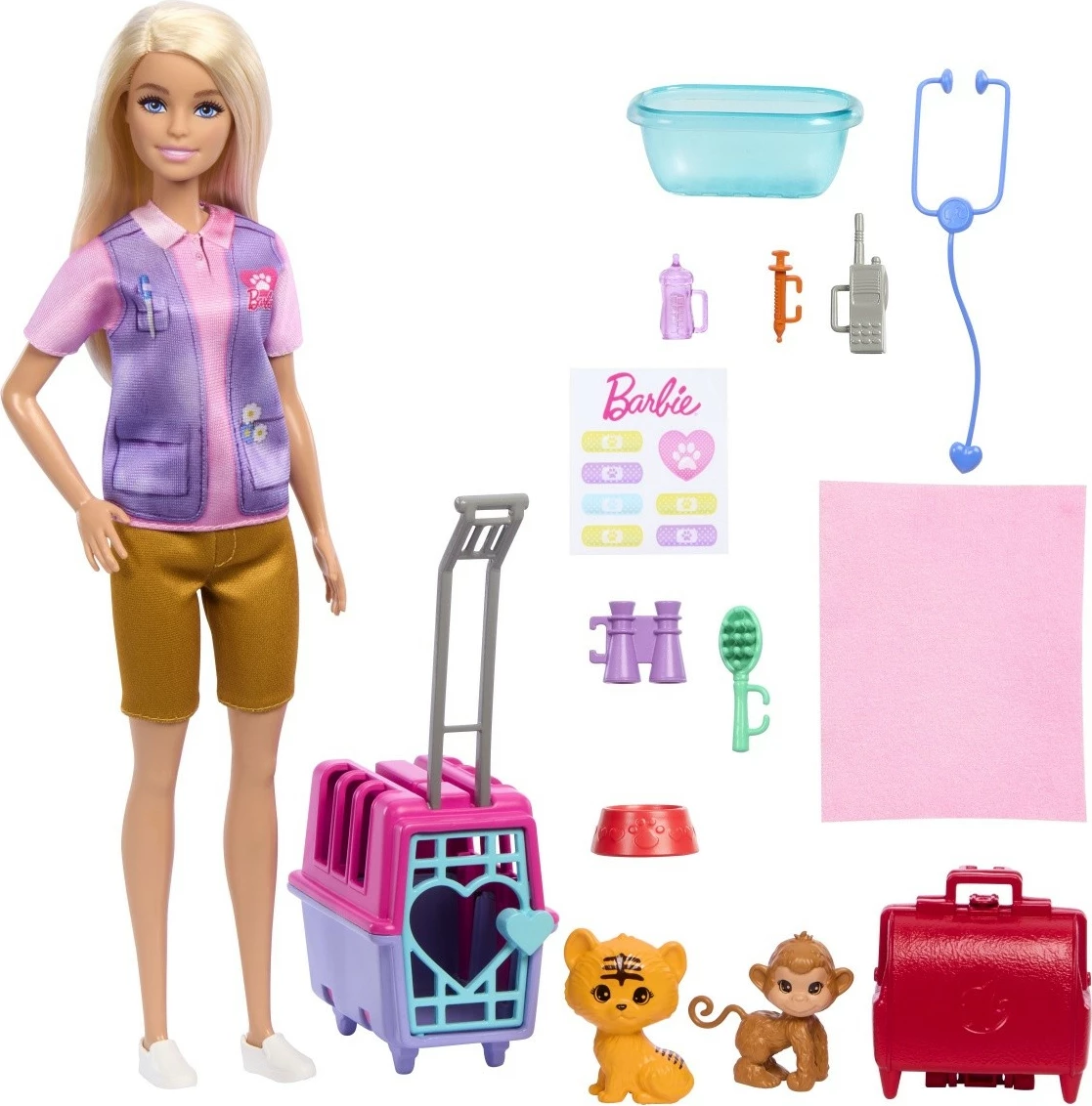 Set za reševanje živali z lutko, opico, tigerjim mladičem in dodatki, Barbie Mattel HRG50, za otroke