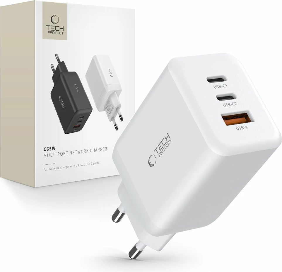 Omrežni polnilec 2x USB-C PD 65W / USB-A QC 3.0, Tech-Protect C65W, bel