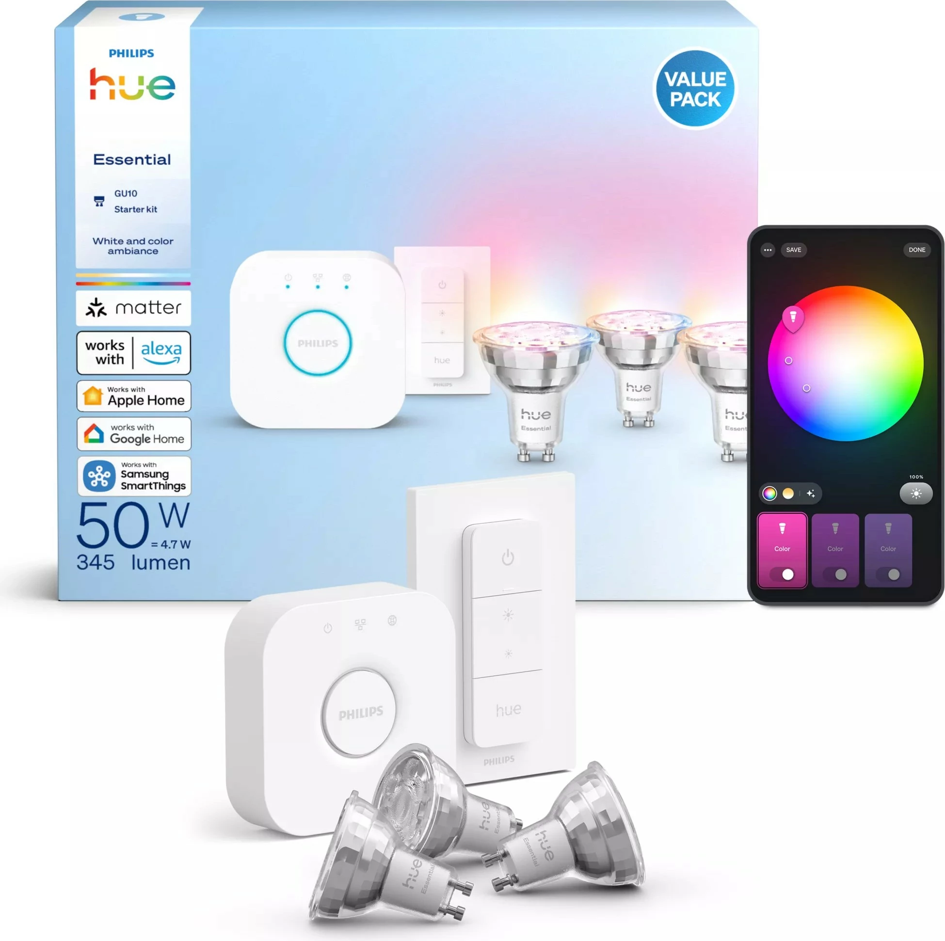 Komplet pametne razsvetljave Philips Hue Essential GU10, 3 sijalke + stikalo + Bridge V2