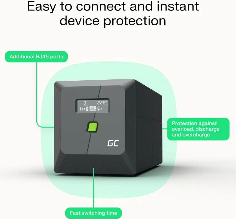 Neprekinjeno napajanje (UPS) Green Cell UPSLP1400, 1400W/2000VA, čista sinusna, LCD zaslon, črn