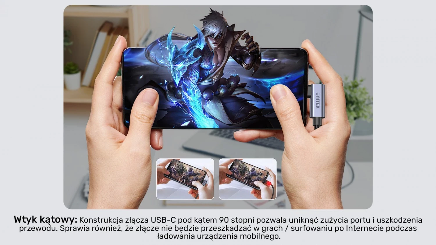 Kabel USB-C z 90° kotom PD 100W 0,5 m, črno-siv - Unitek