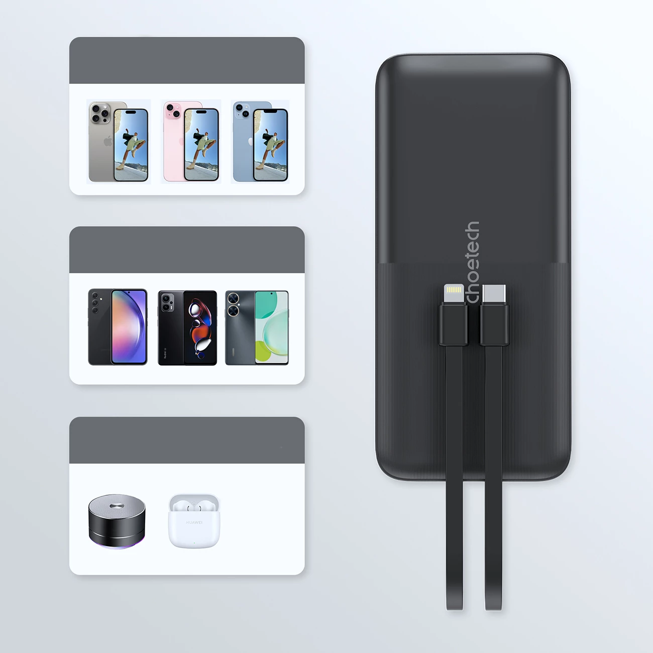 Powerbank Choetech B654, 10000 mAh, 22,5 W, USB-A/USB-C/micro USB, vgrajena kabela USB-C/Lightning, črn