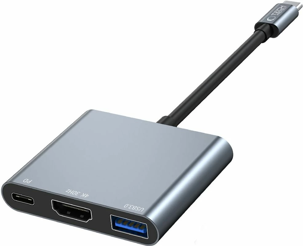 USB-C hub 3-v-1, USB-A 3.0, HDMI 4K 30 Hz, PD 100W Tech-Protect V1, siv