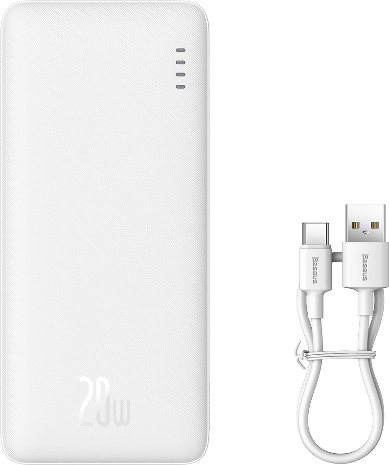 Prenosni polnilnik 10000 mAh 20W z USB-A na USB-C kablom, Baseus Airpow, bel