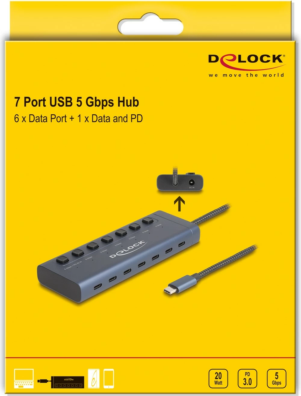 USB razdelilec 7-portni Type-C DeLOCK, 5 Gbps, s stikali, PD 20W, moder
