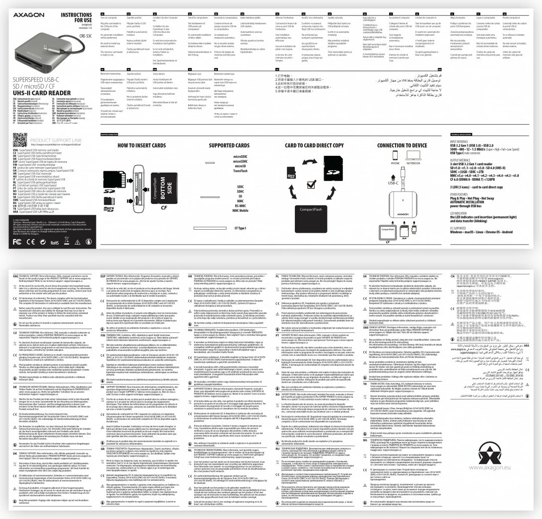Bralnik kartic AXAGON CRE-S3C, USB-C, 3 reže, aluminij, siv