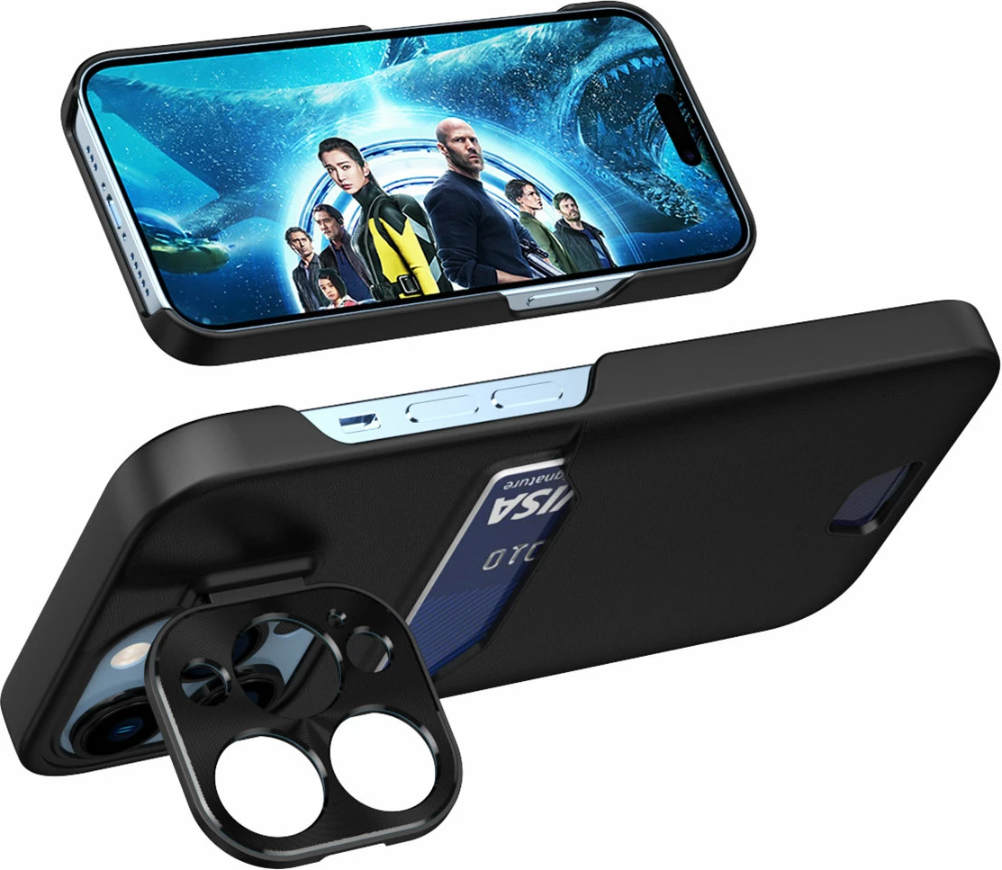 Usnjen etui s stojalom Hurtel za Samsung Galaxy S23, z žepom za kartice, črn