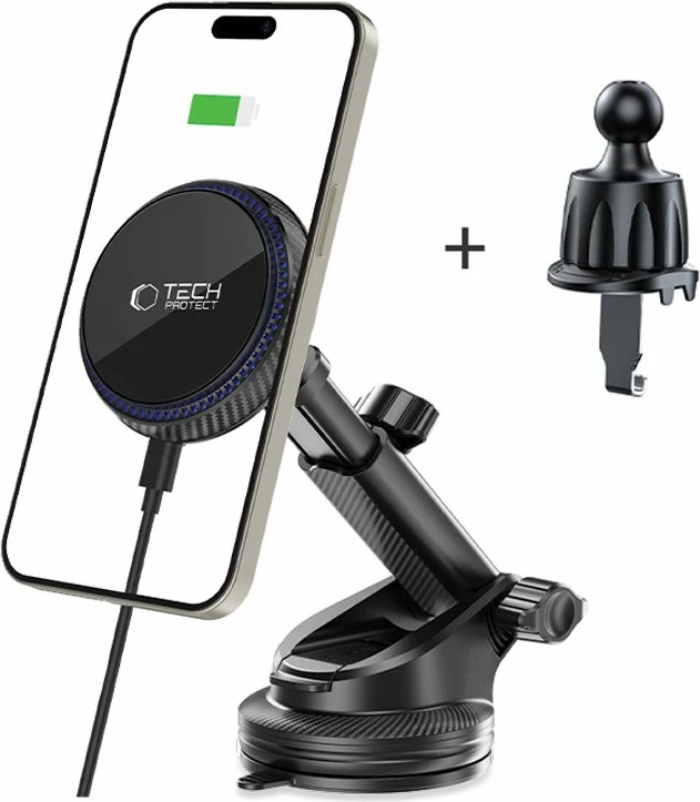 Magnetni avtomobilski nosilec MagSafe za kokpit, vetrobransko steklo ali zračni ventil, 15W, črn — Tech-Protect MM15W-V4