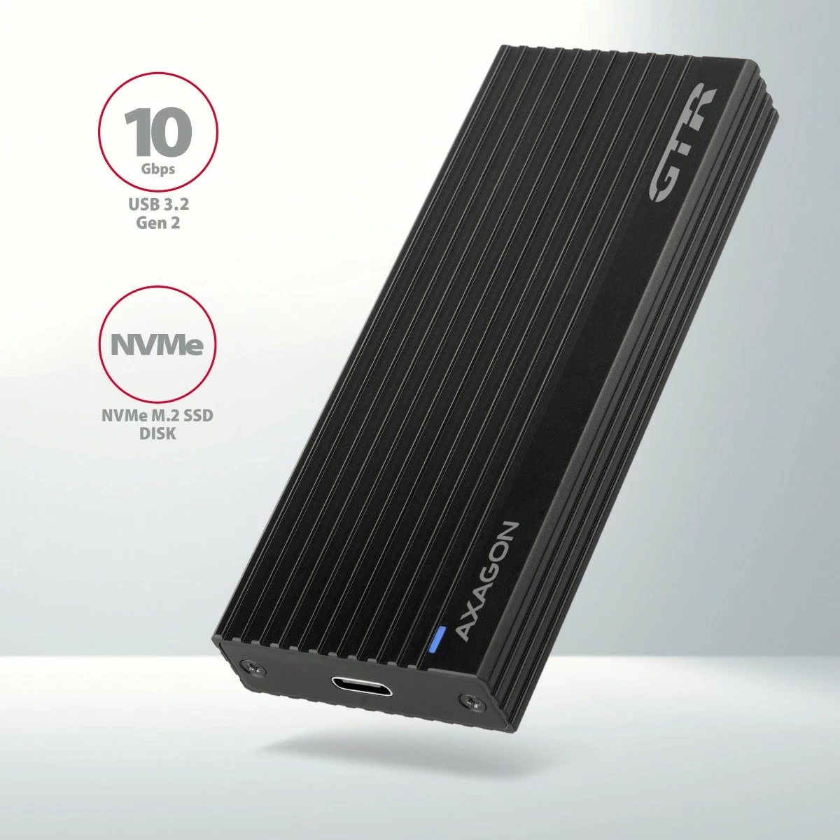 Računalniško ohišje za NVMe M.2 SSD, USB-C 3.2 Gen 2, aluminij, črn, AXAGON EEM2-GTR