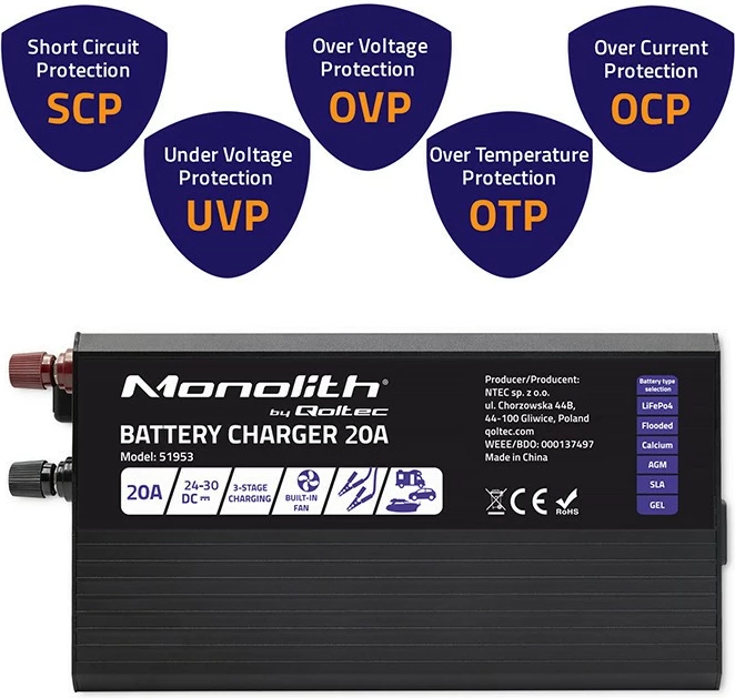 Inteligentni polnilnik baterij Monolith 51953 Qoltec, 20A, 24V, črn