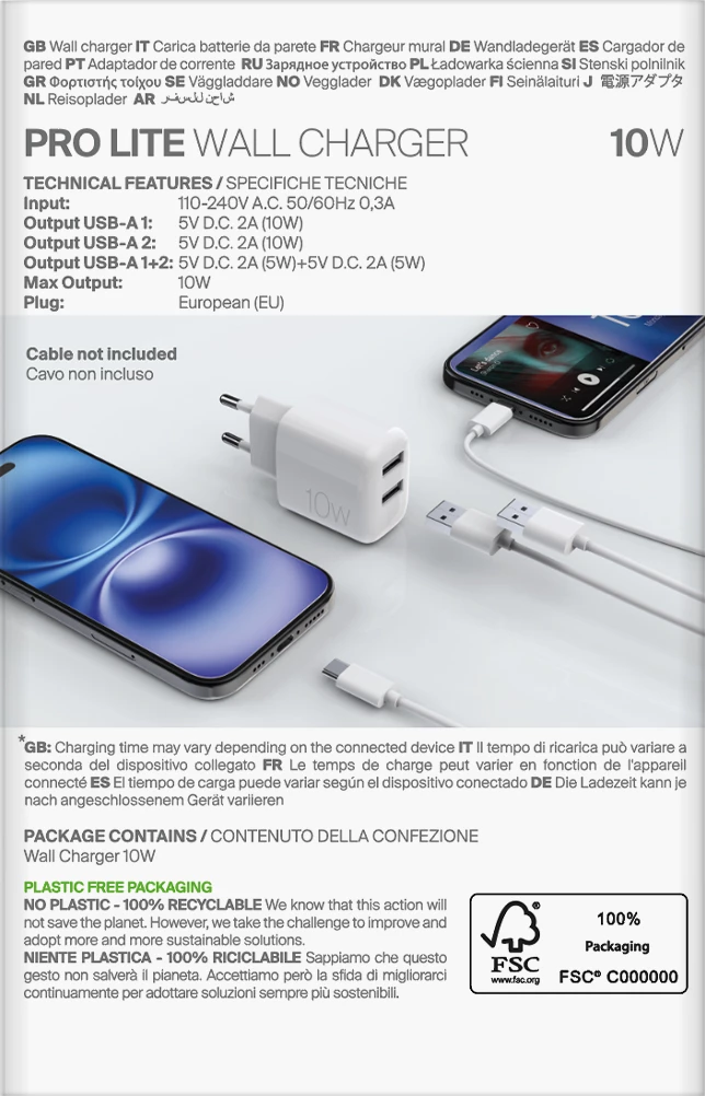 Stenski polnilec Puro PROLITE, 10 W, 2x USB-A, bel