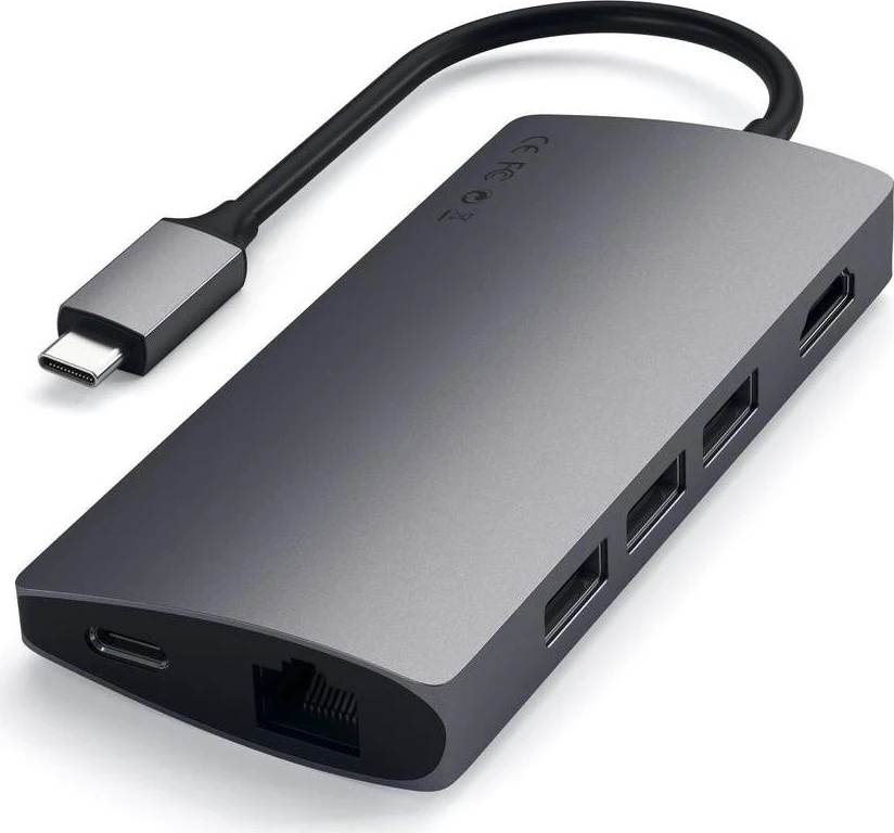 USB-C hub Satechi Aluminium Adapter V2, 3x USB-A, 4K HDMI, micro/SD, Ethernet, siva
