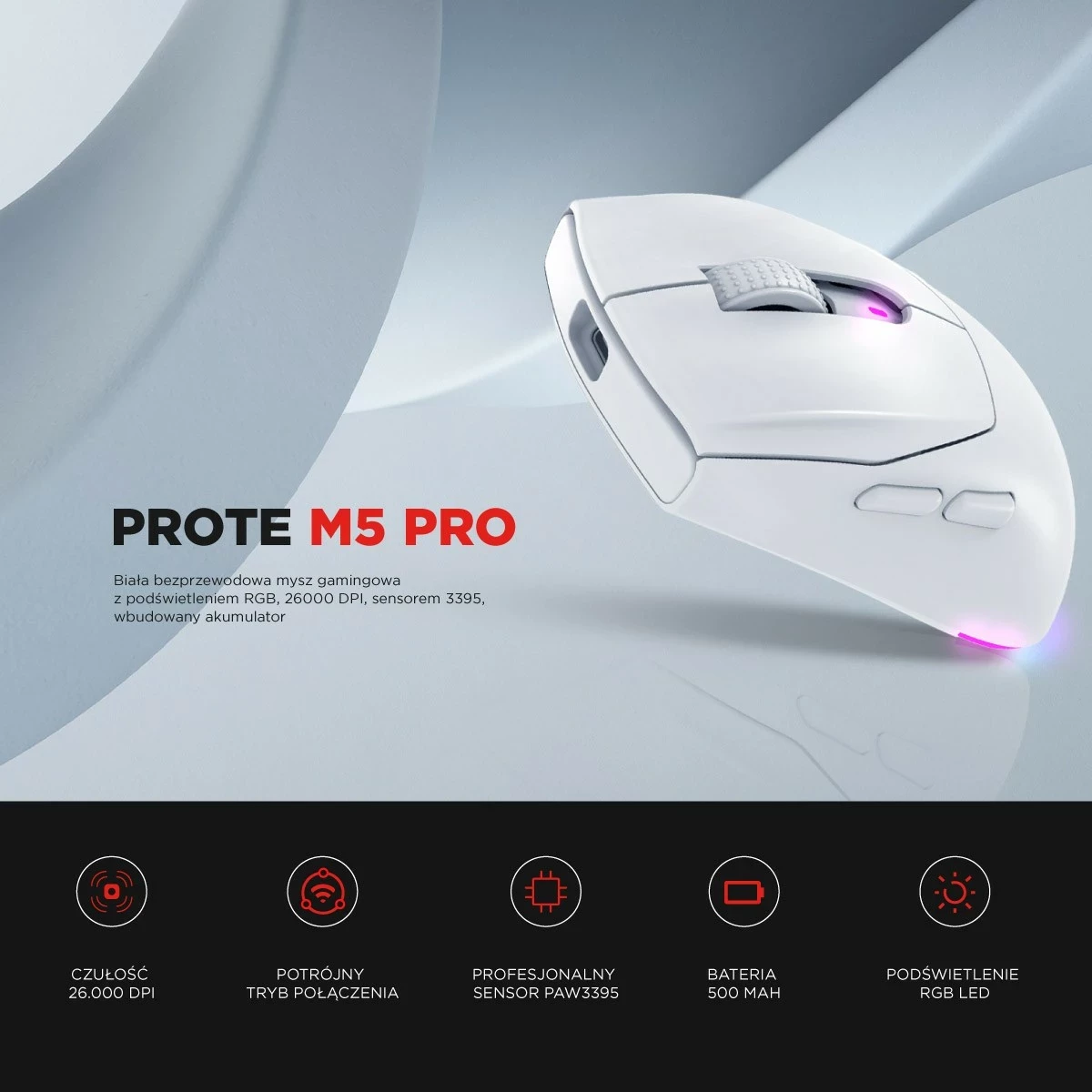 Gaming miška Rampage Prote M5 Pro 26000 DPI RGB LED, bela